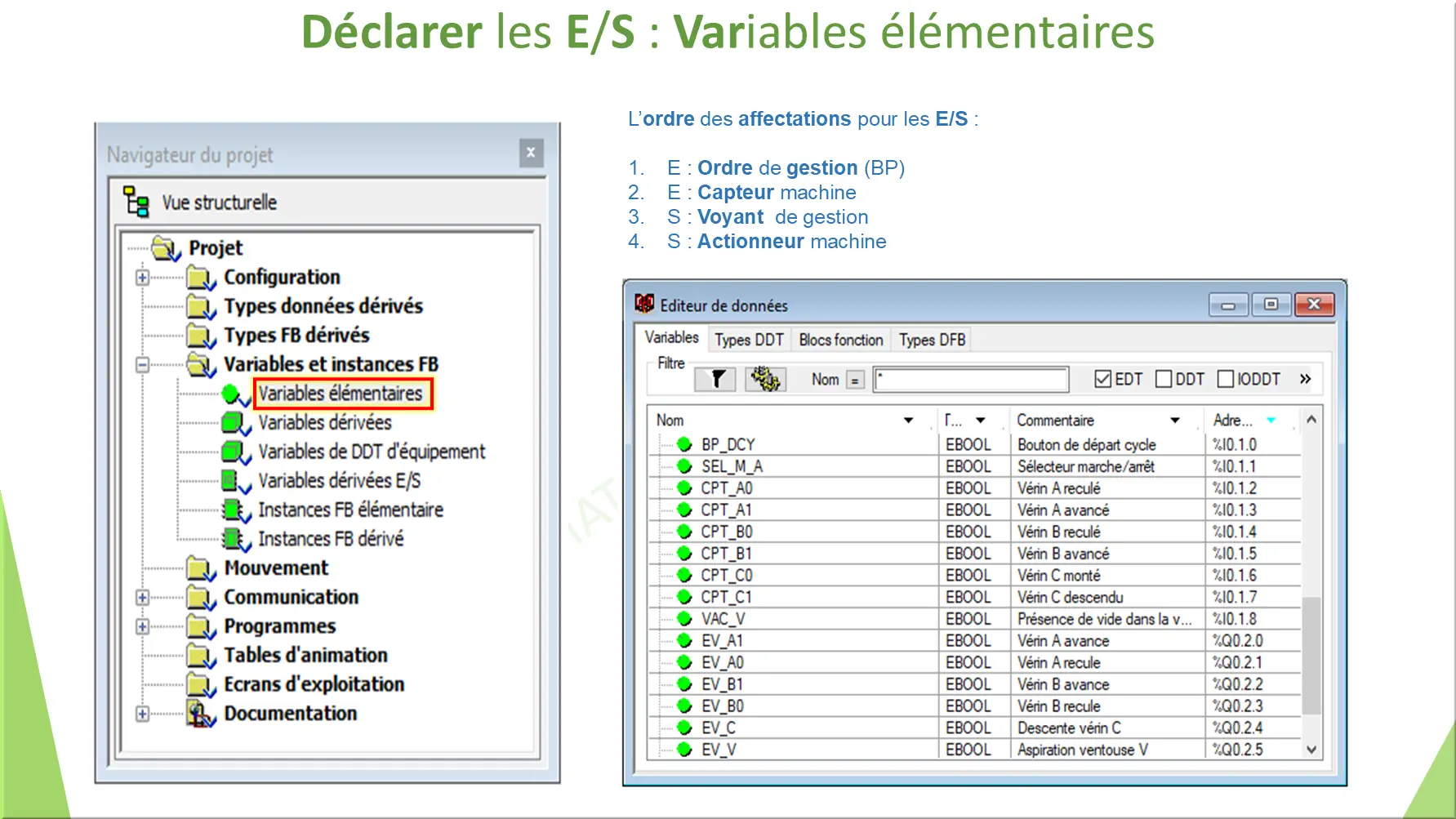 Déclarer les E/S : Variables élémentaires